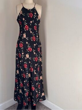 Vintage Black Floral Slip Dress with Red & Cream Blooms